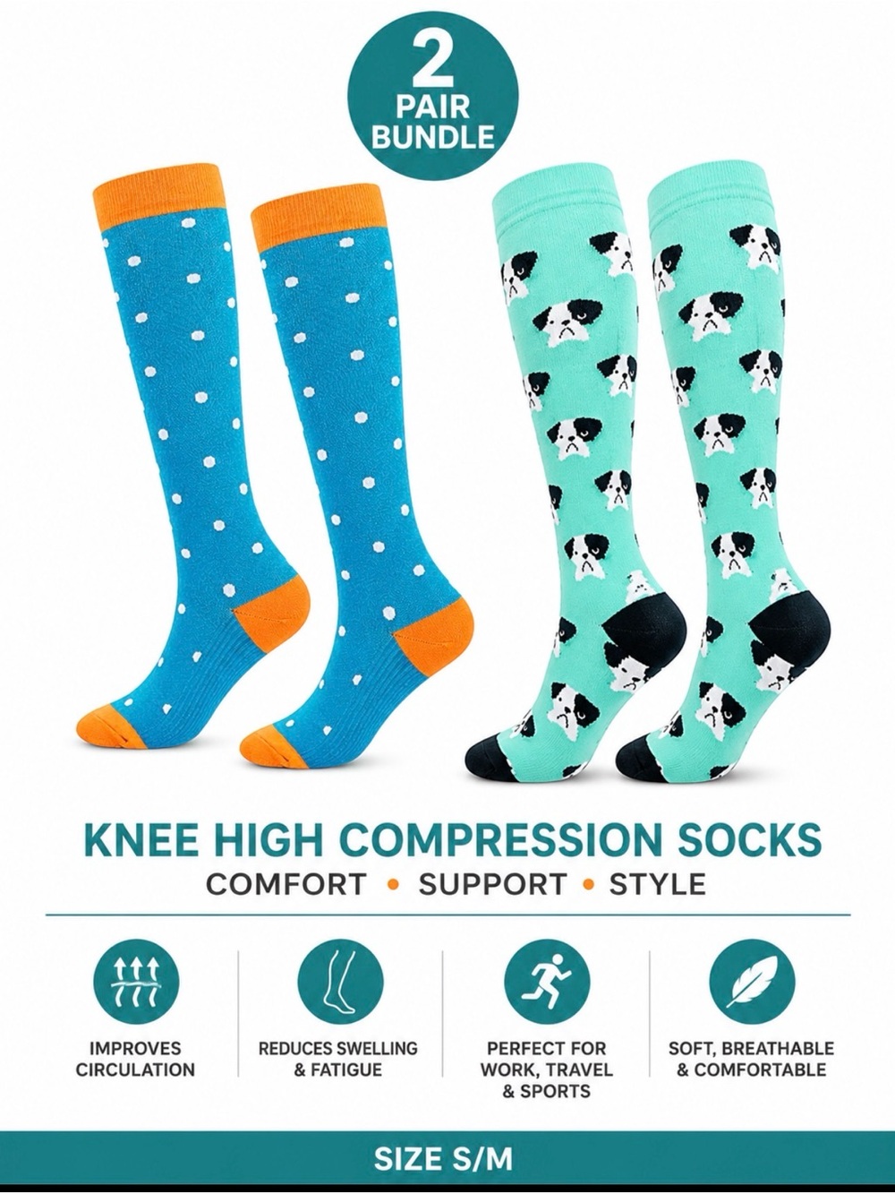 2 Pair Compression Socks Bundle S/M Polka Dot & Puppy Dog Knee High Graduated Su